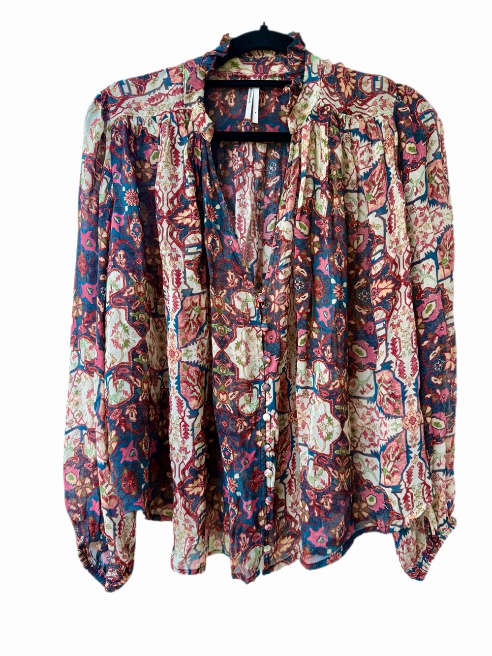 Anthropologie Estela Sheer Printed Blouse Medium Boho Rug Print Balloon Sleeve - Picture 6 of 16